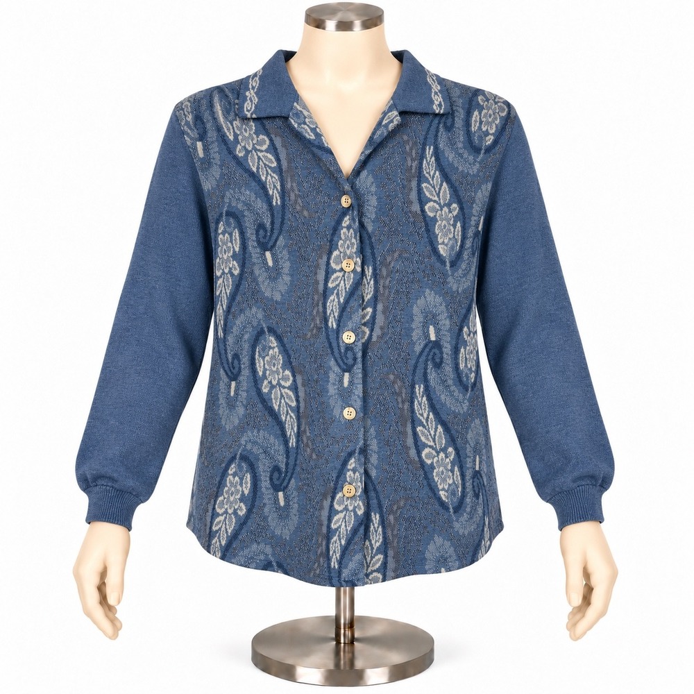 Land n Sea Blue Paisley Jacquard Knit Button Front Long Sleeve Top XL